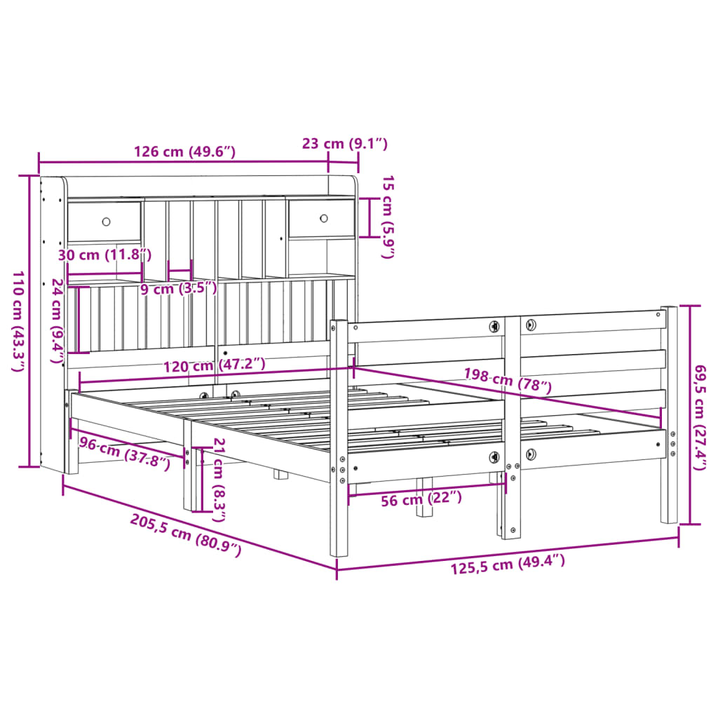 Massivholzbett mit Regal ohne Matratze Wachsbraun 120x200 cm