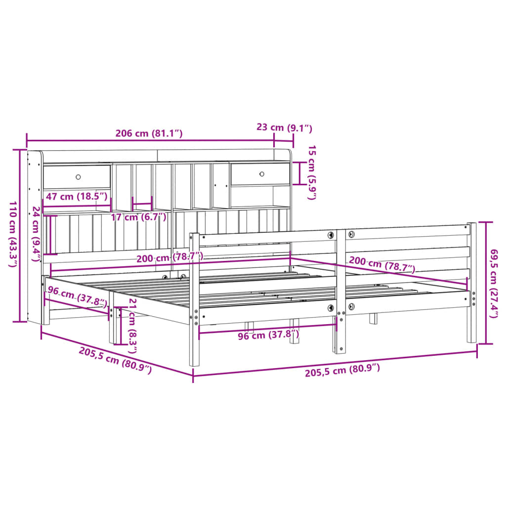 Massivholzbett mit Regal ohne Matratze Wachsbraun 200x200 cm