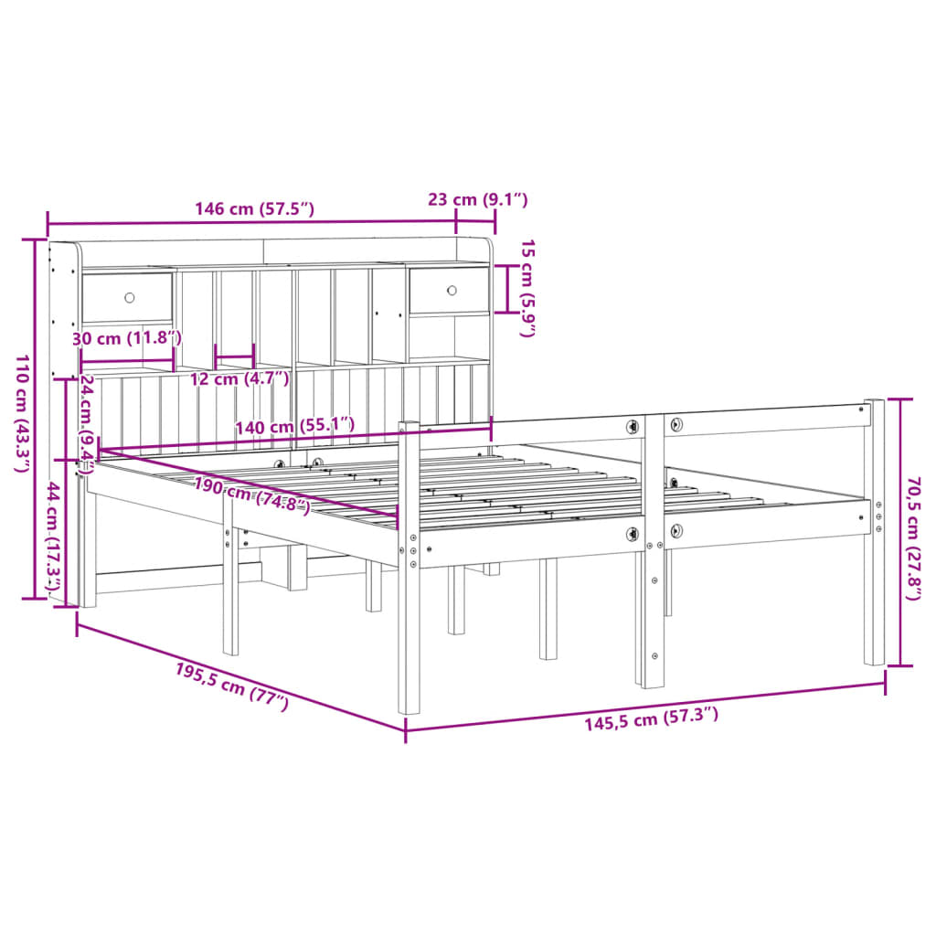 Massivholzbett mit Regal ohne Matratze Wachsbraun 140x190 cm