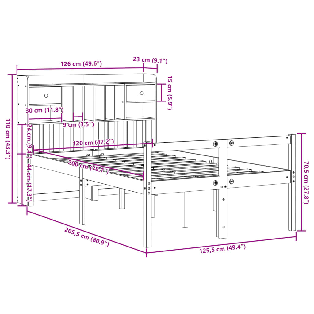 Massivholzbett mit Regal ohne Matratze Wachsbraun 120x200 cm