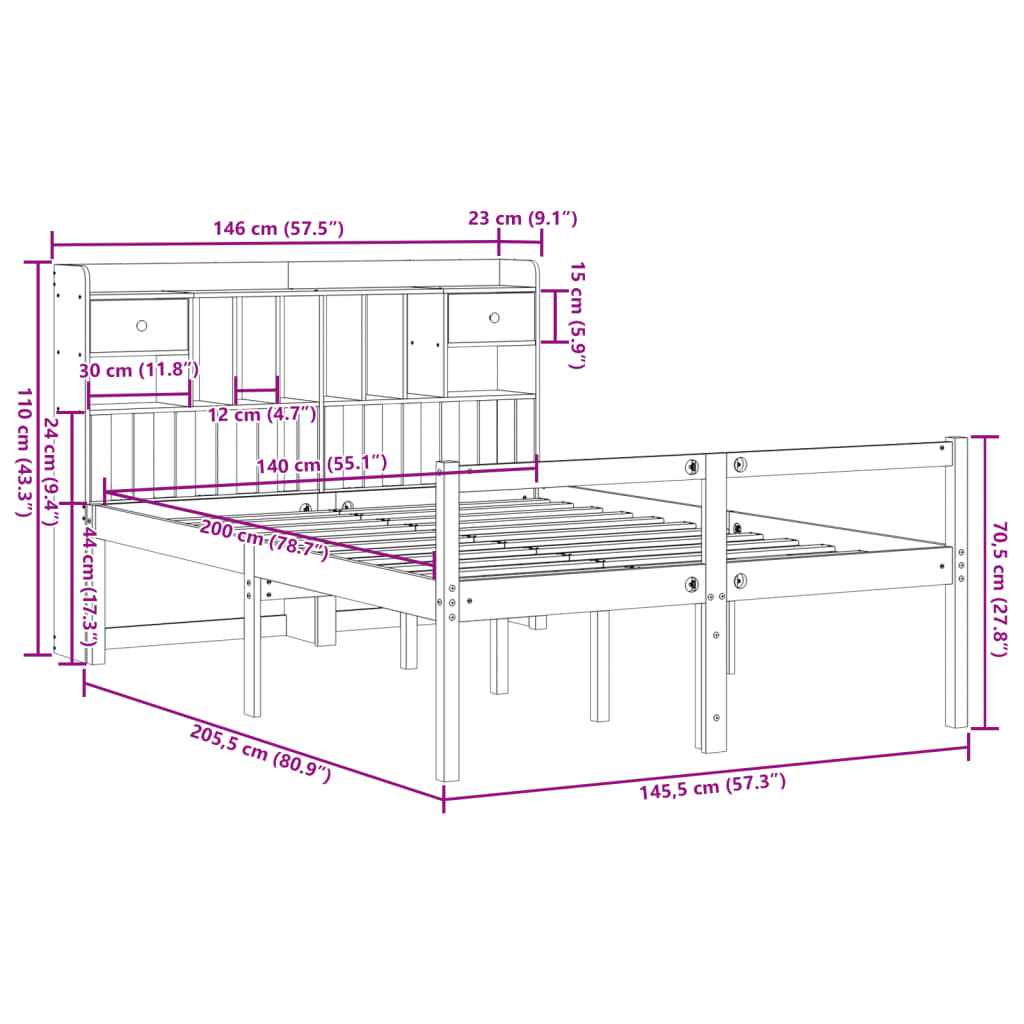 Massivholzbett mit Regal ohne Matratze Wachsbraun 140x200 cm