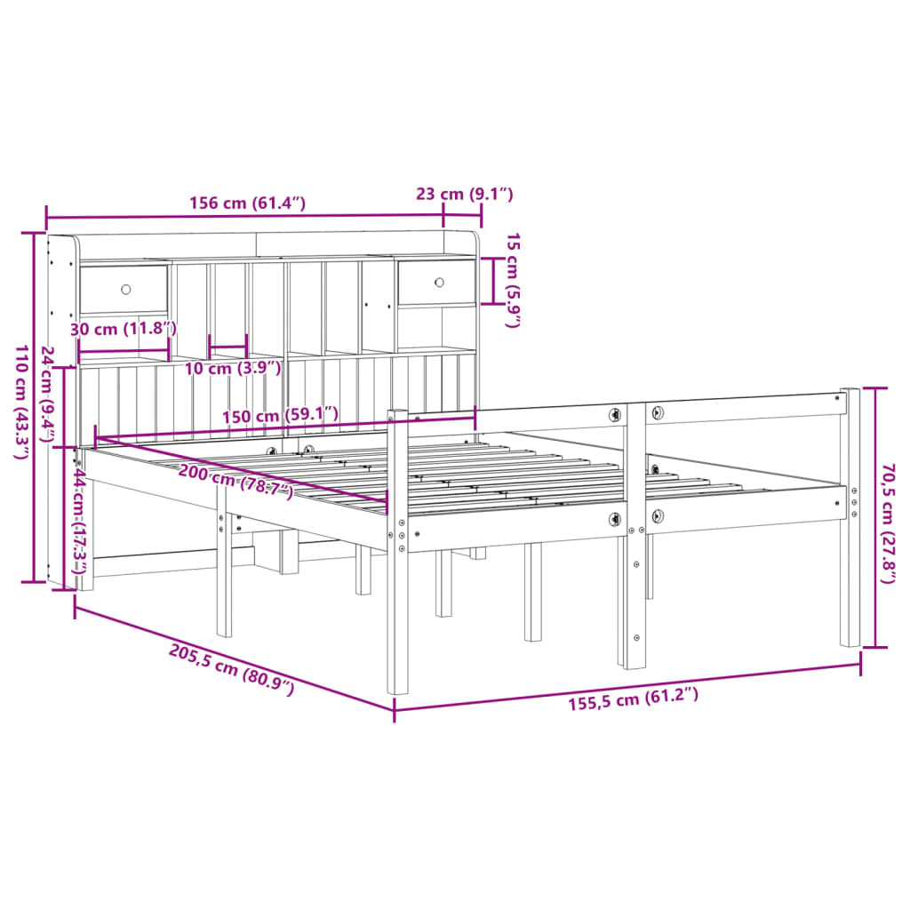 Massivholzbett mit Regal ohne Matratze Wachsbraun 150x200 cm