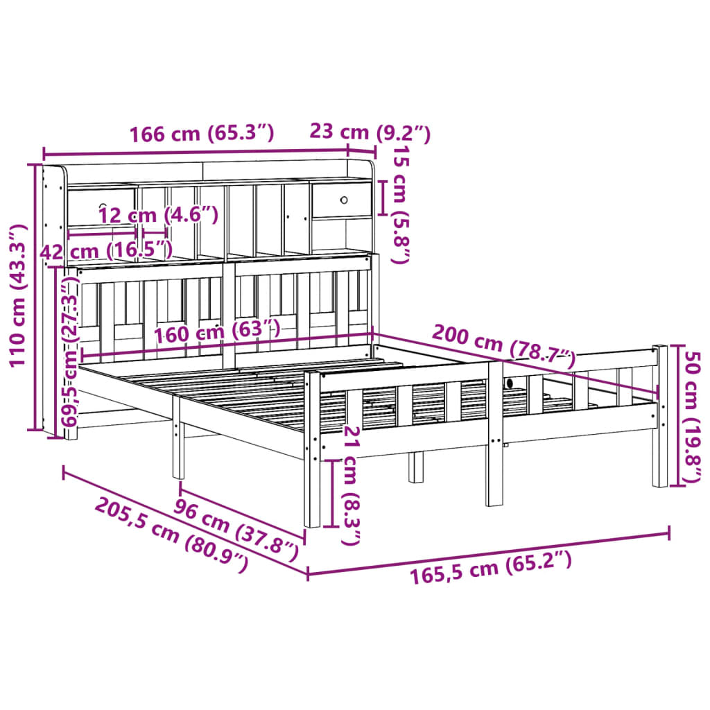 Massivholzbett mit Regal ohne Matratze 160x200 cm Kiefernholz