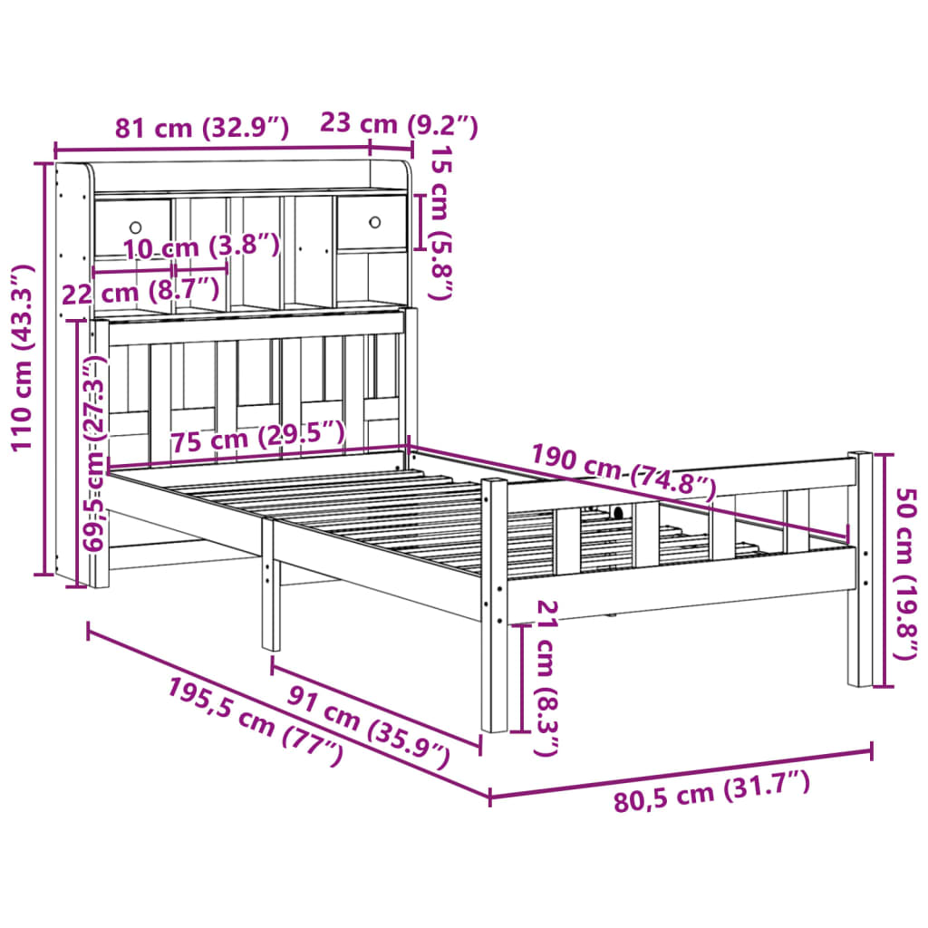 Massivholzbett mit Regal ohne Matratze Wachsbraun 75x190 cm