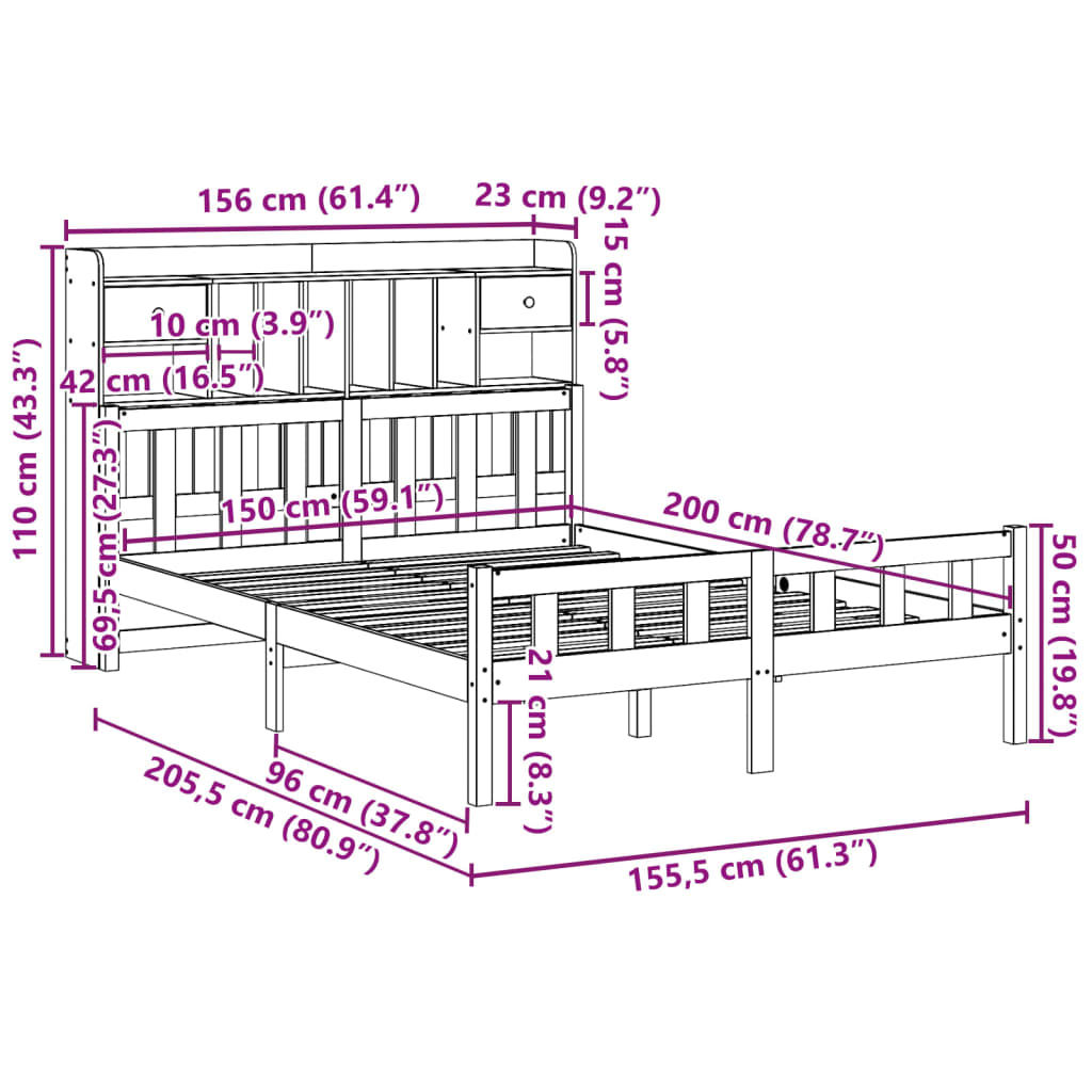 Massivholzbett mit Regal ohne Matratze Wachsbraun 150x200 cm