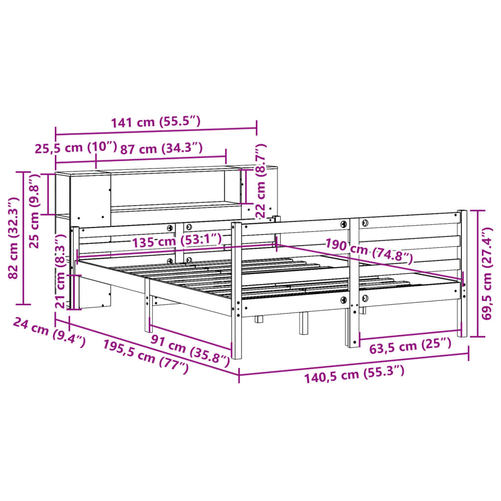 Massivholzbett mit Regal ohne Matratze 135x190 cm Kiefernholz