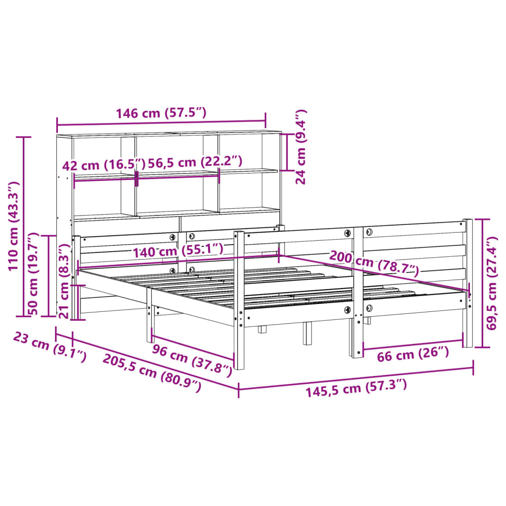 Massivholzbett mit Regal ohne Matratze 140x200 cm Kiefernholz