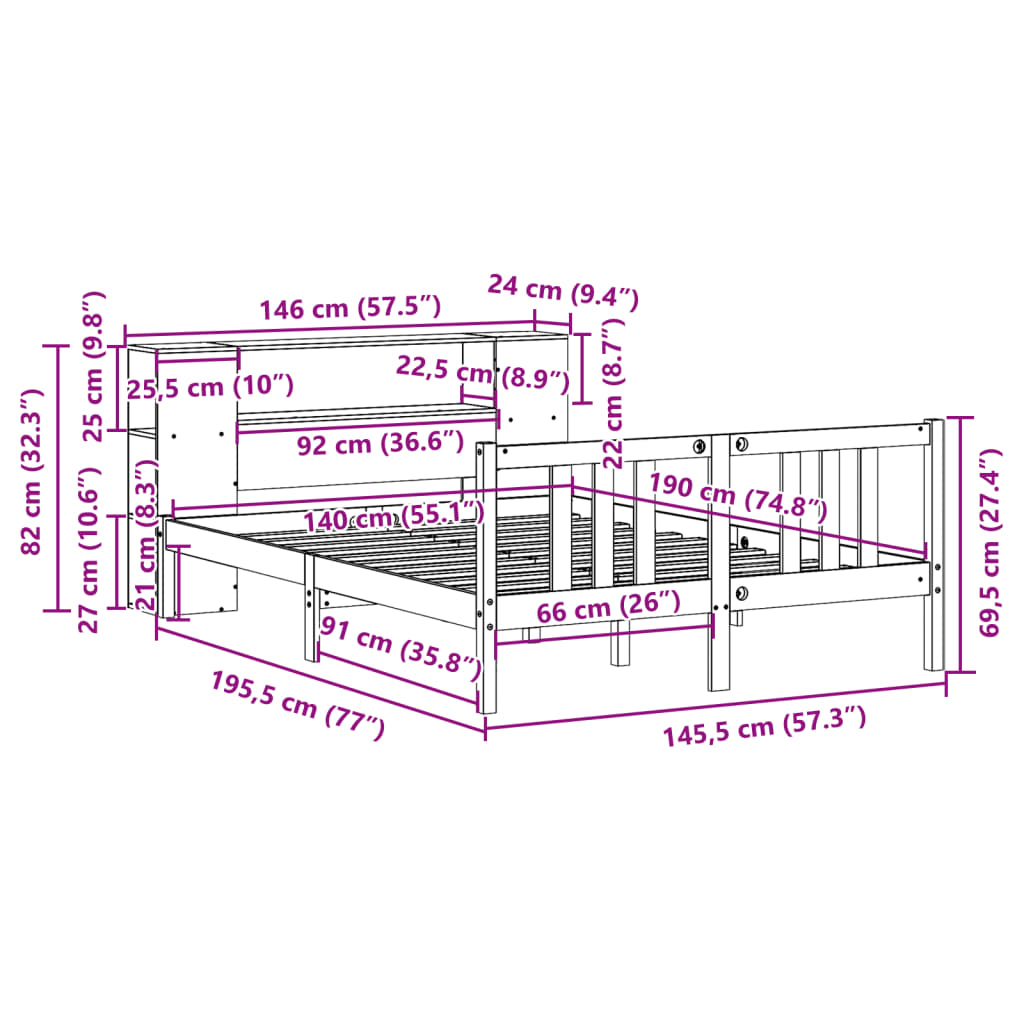 Massivholzbett mit Regal ohne Matratze 140x190 cm Kiefernholz