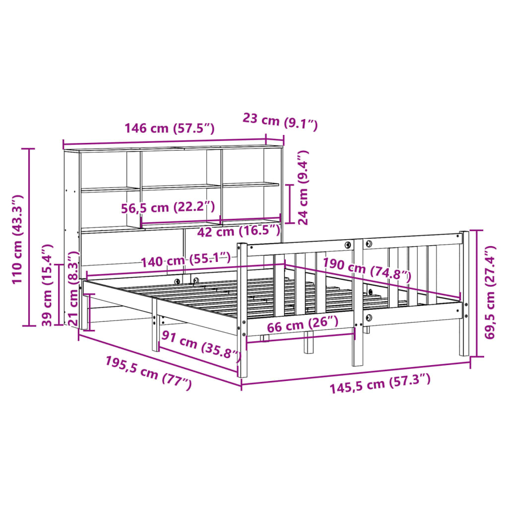 Massivholzbett mit Regal ohne Matratze 140x190 cm Kiefernholz