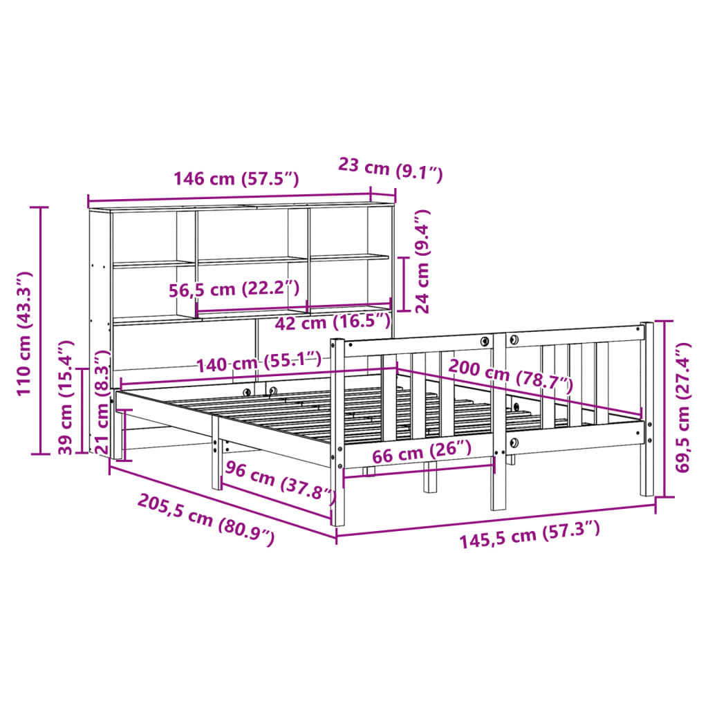 Massivholzbett mit Regal ohne Matratze 140x200 cm Kiefernholz