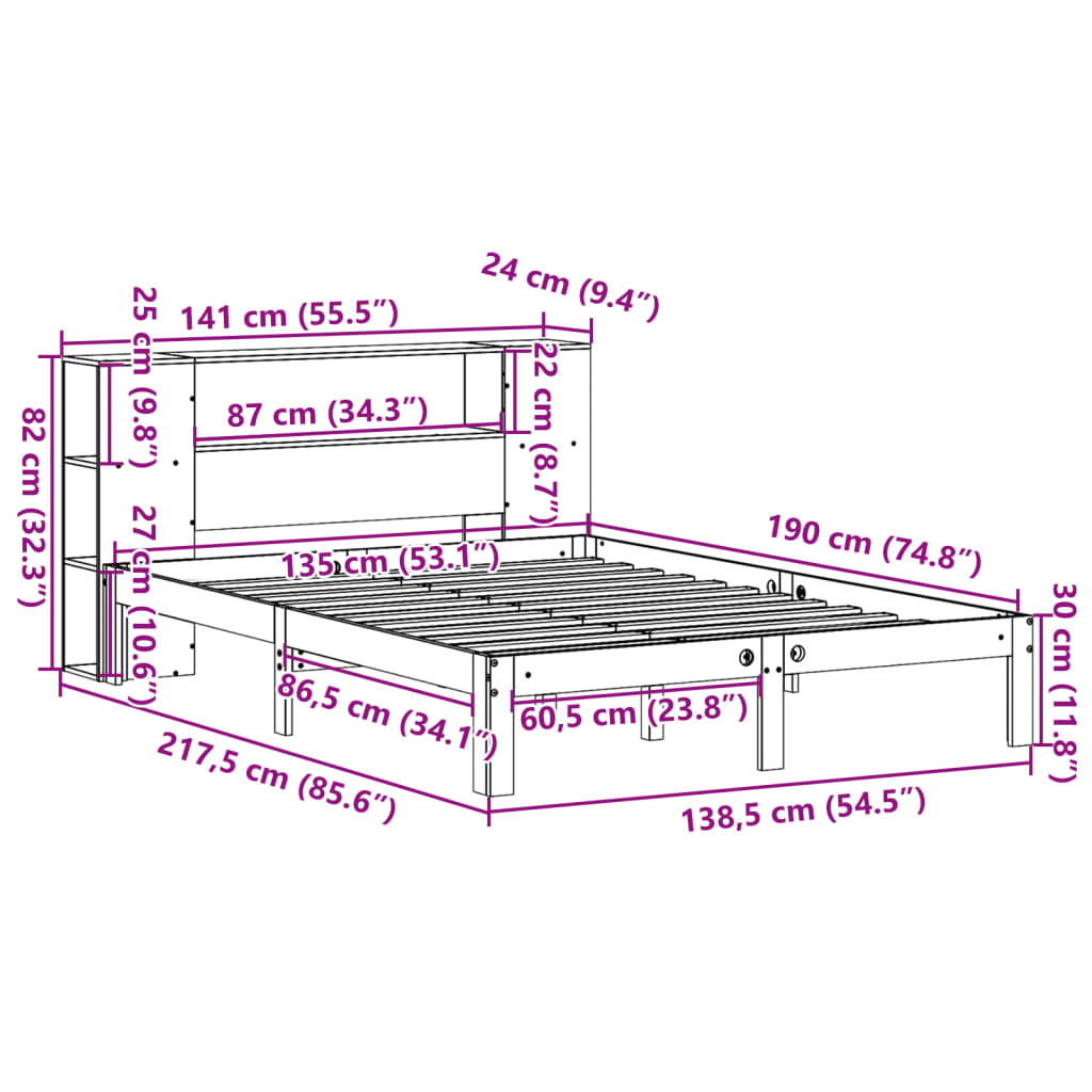 Massivholzbett mit Regal ohne Matratze Wachsbraun 135x190 cm