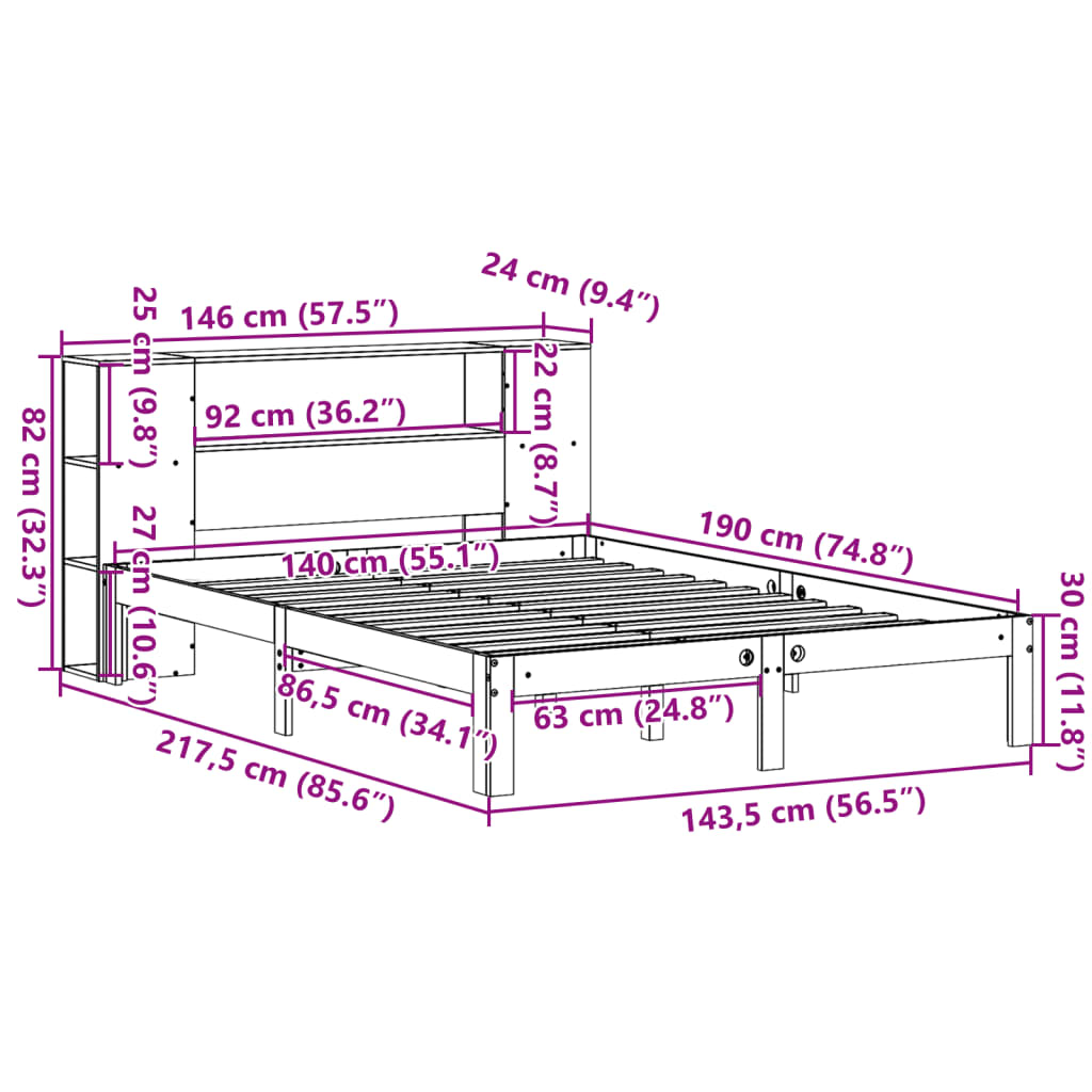 Massivholzbett mit Regal ohne Matratze Wachsbraun 140x190 cm