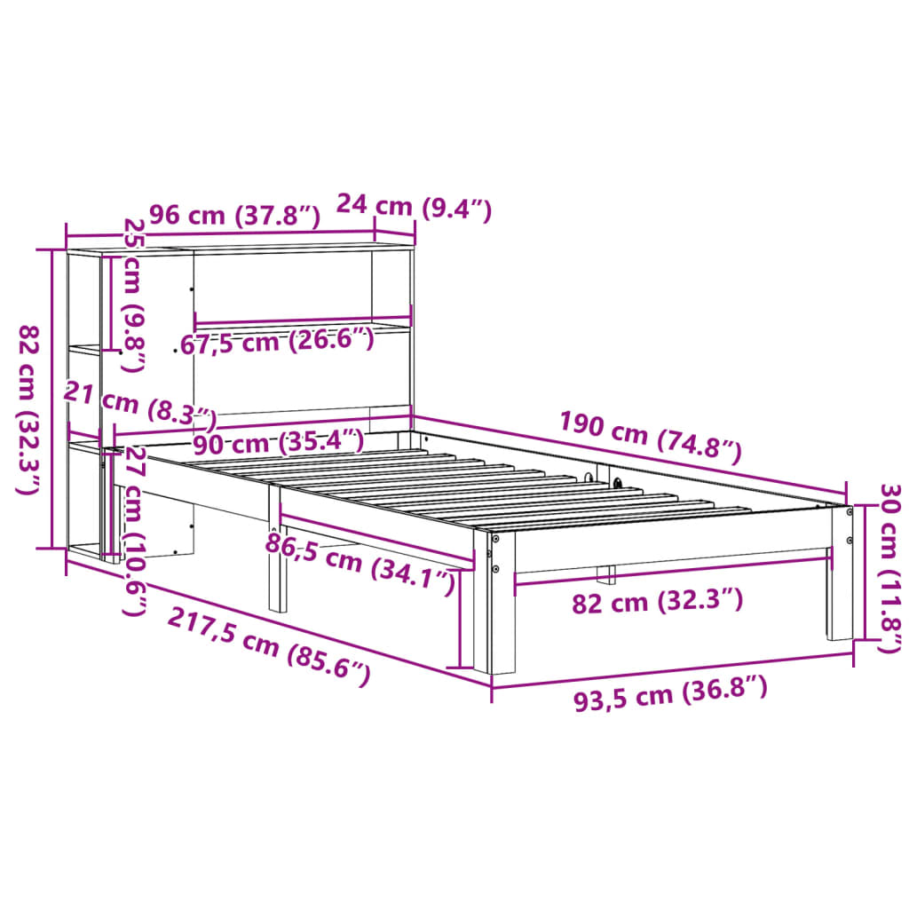 Massivholzbett mit Regal ohne Matratze Wachsbraun 90x190 cm