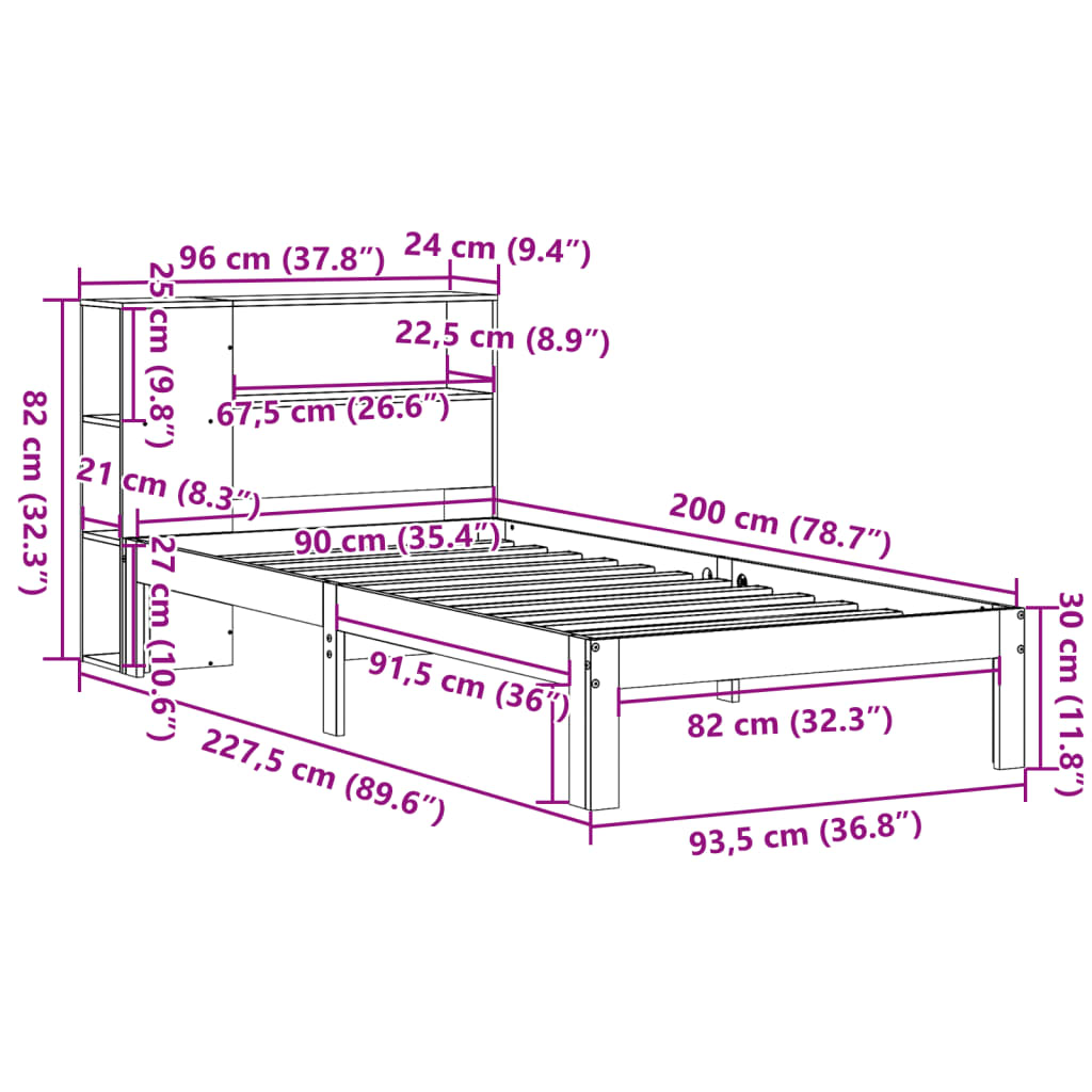 Massivholzbett mit Regal ohne Matratze Wachsbraun 90x200 cm