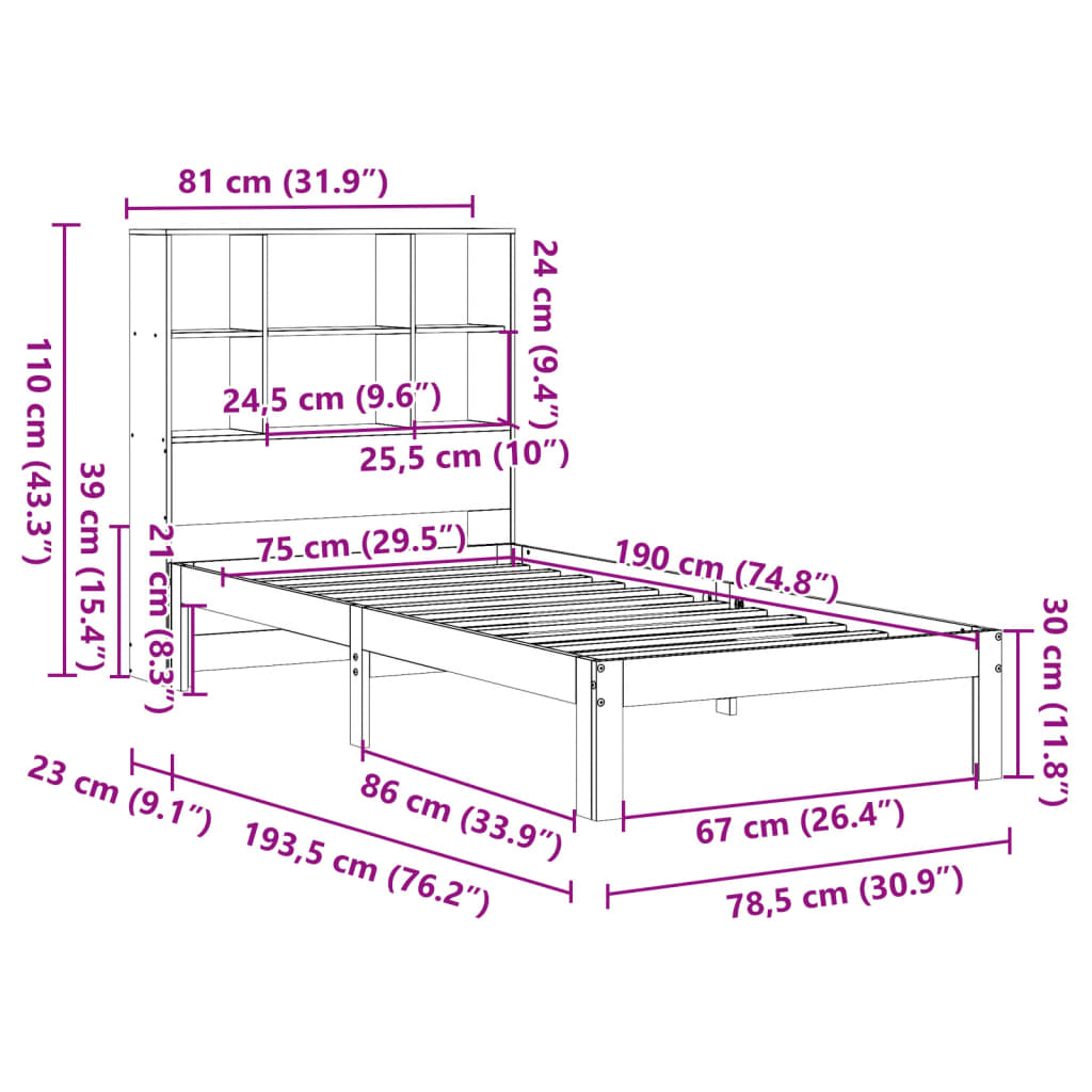 Massivholzbett mit Regal ohne Matratze Wachsbraun 75x190 cm