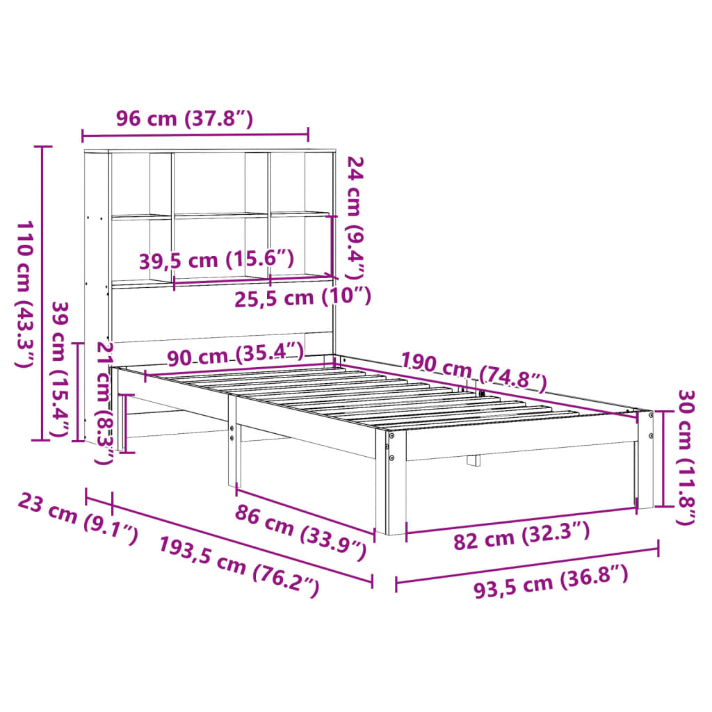 Massivholzbett mit Regal ohne Matratze Wachsbraun 90x190 cm