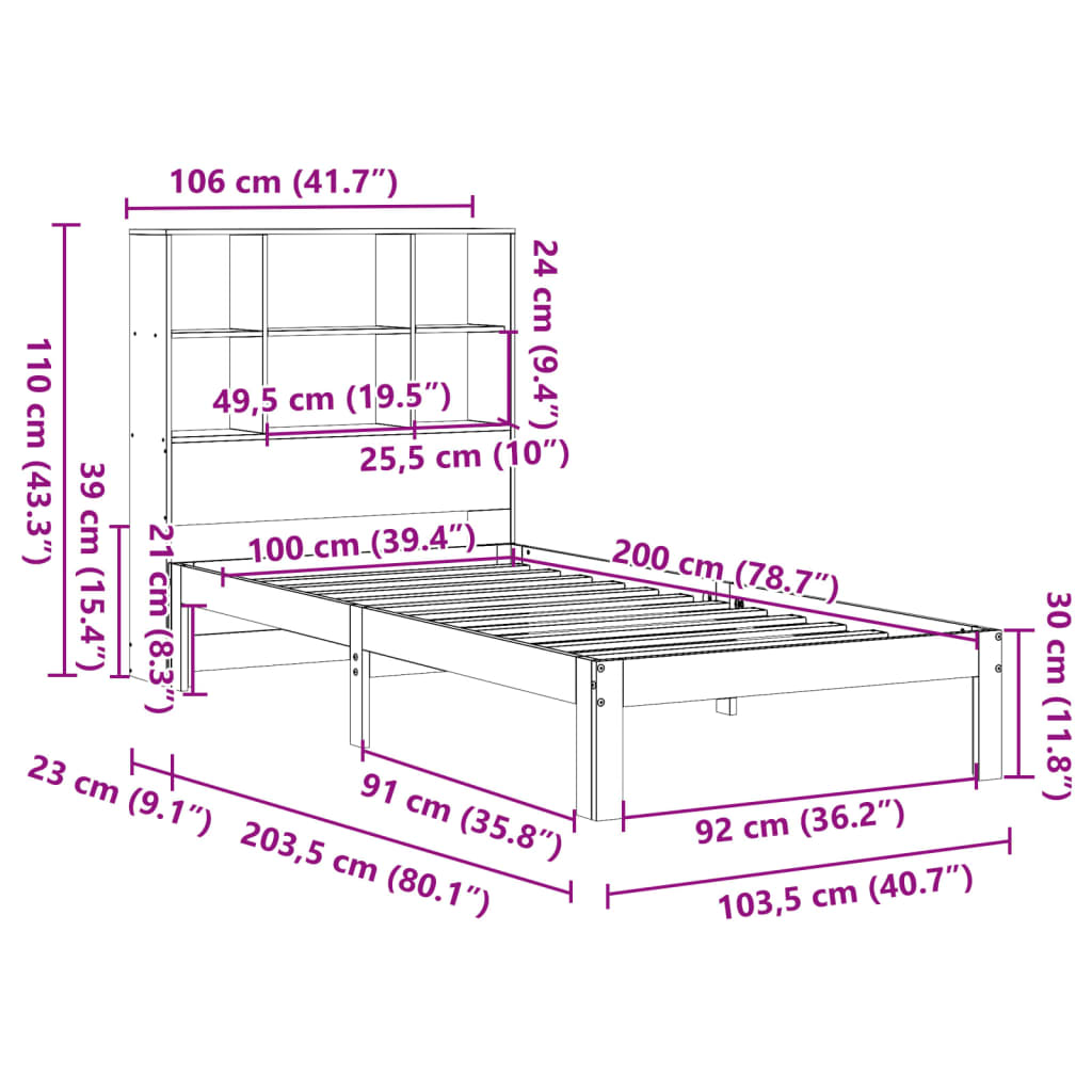 Massivholzbett mit Regal ohne Matratze Wachsbraun 100x200 cm