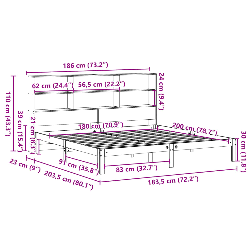 Massivholzbett mit Regal ohne Matratze Wachsbraun 180x200 cm