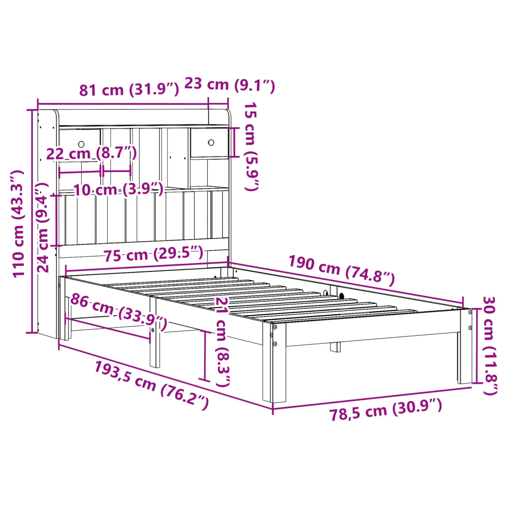 Massivholzbett mit Regal ohne Matratze Wachsbraun 75x190 cm