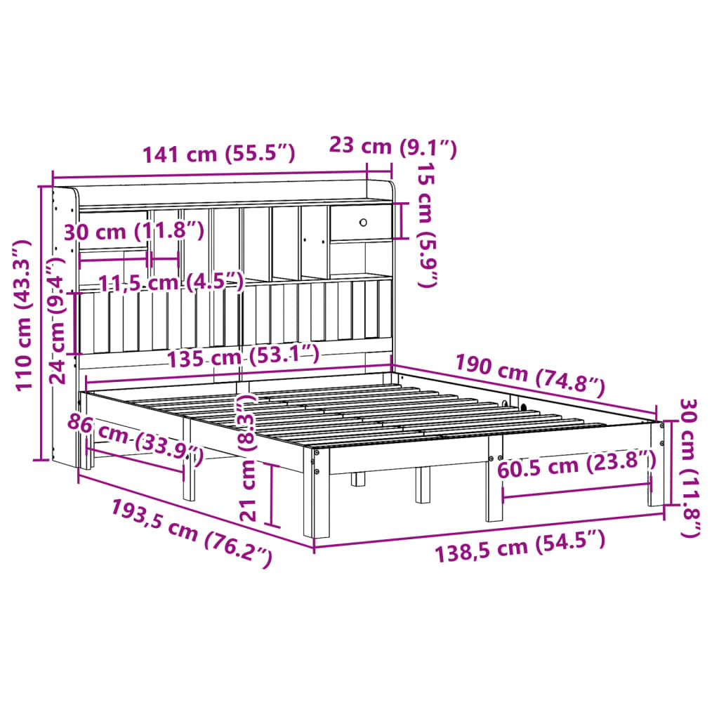 Massivholzbett mit Regal ohne Matratze Wachsbraun 135x190 cm