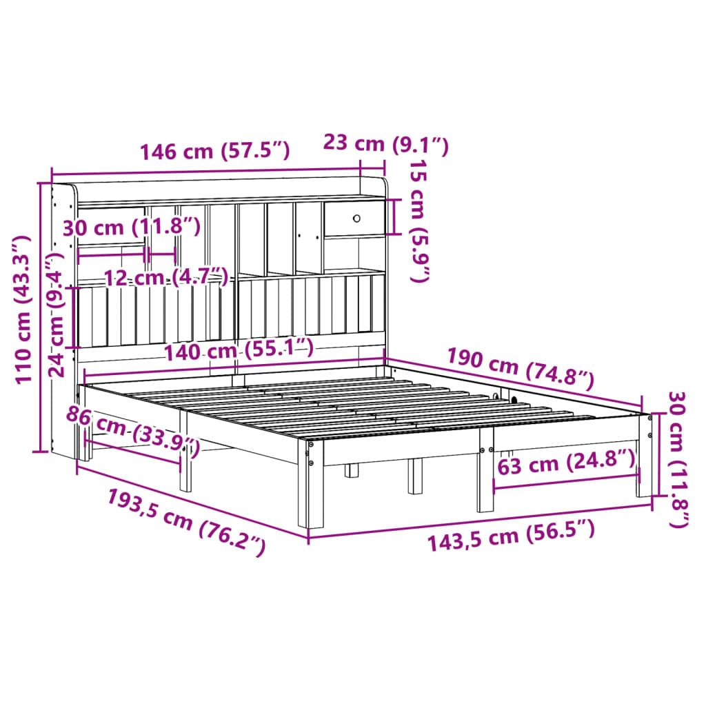 Massivholzbett mit Regal ohne Matratze Wachsbraun 140x190 cm