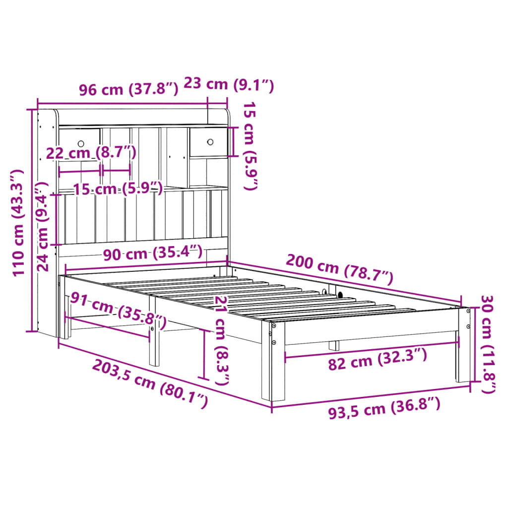 Massivholzbett mit Regal ohne Matratze Wachsbraun 90x200 cm