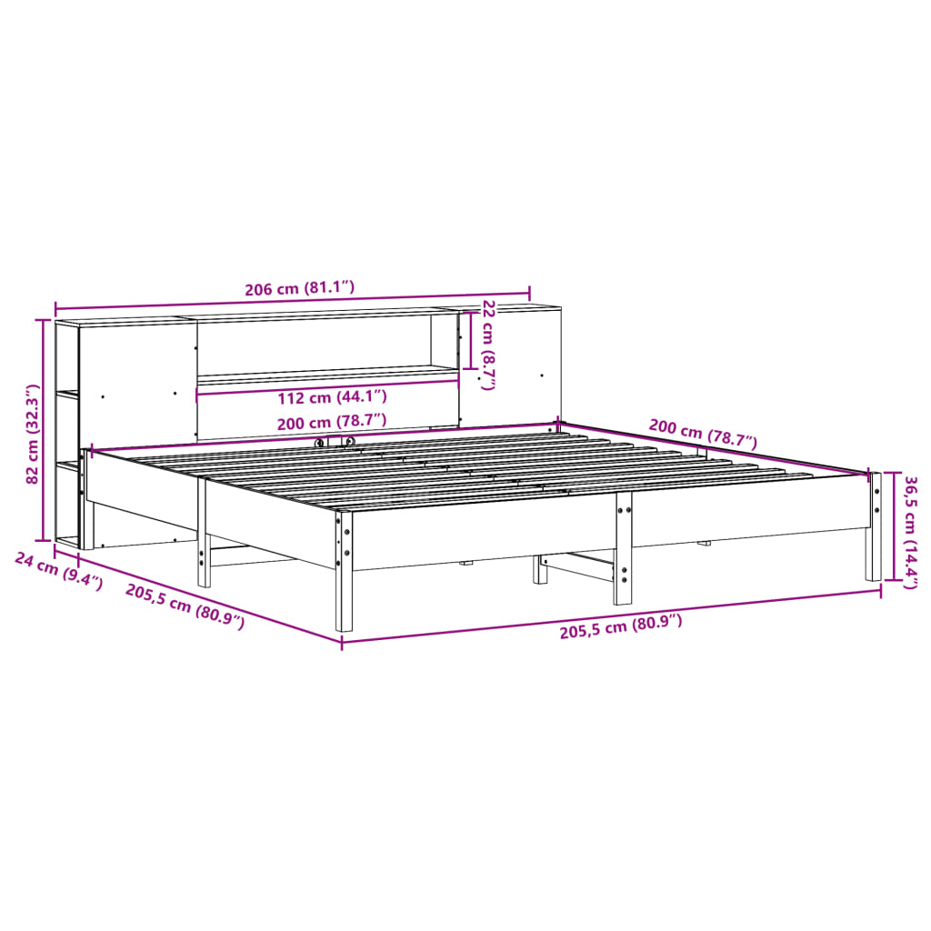 Massivholzbett mit Regal ohne Matratze Wachsbraun 200x200 cm