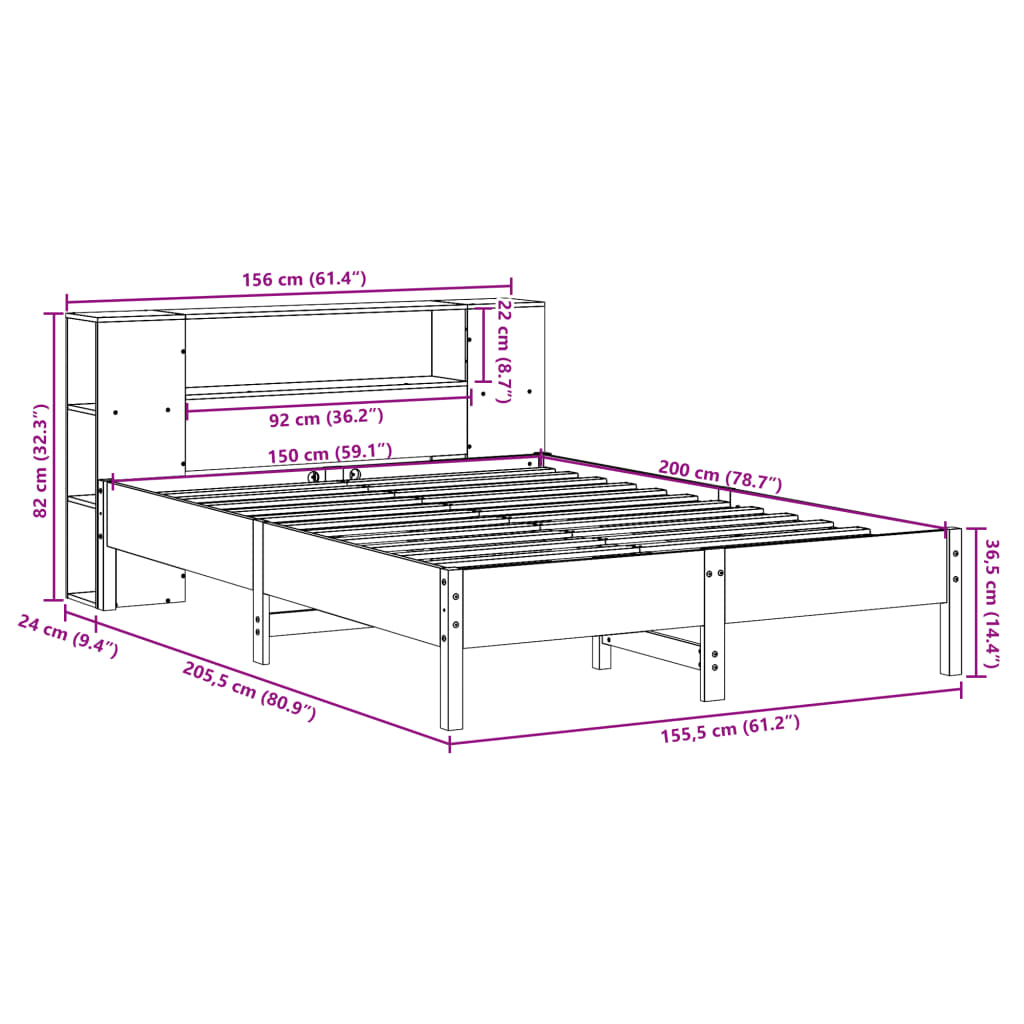 Massivholzbett mit Regal ohne Matratze Wachsbraun 150x200 cm