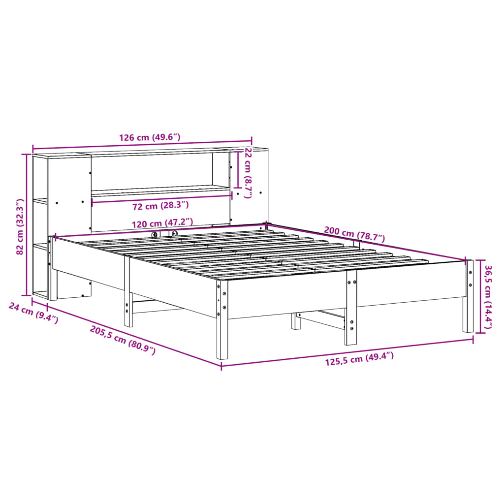 Massivholzbett mit Regal ohne Matratze Wachsbraun 120x200 cm