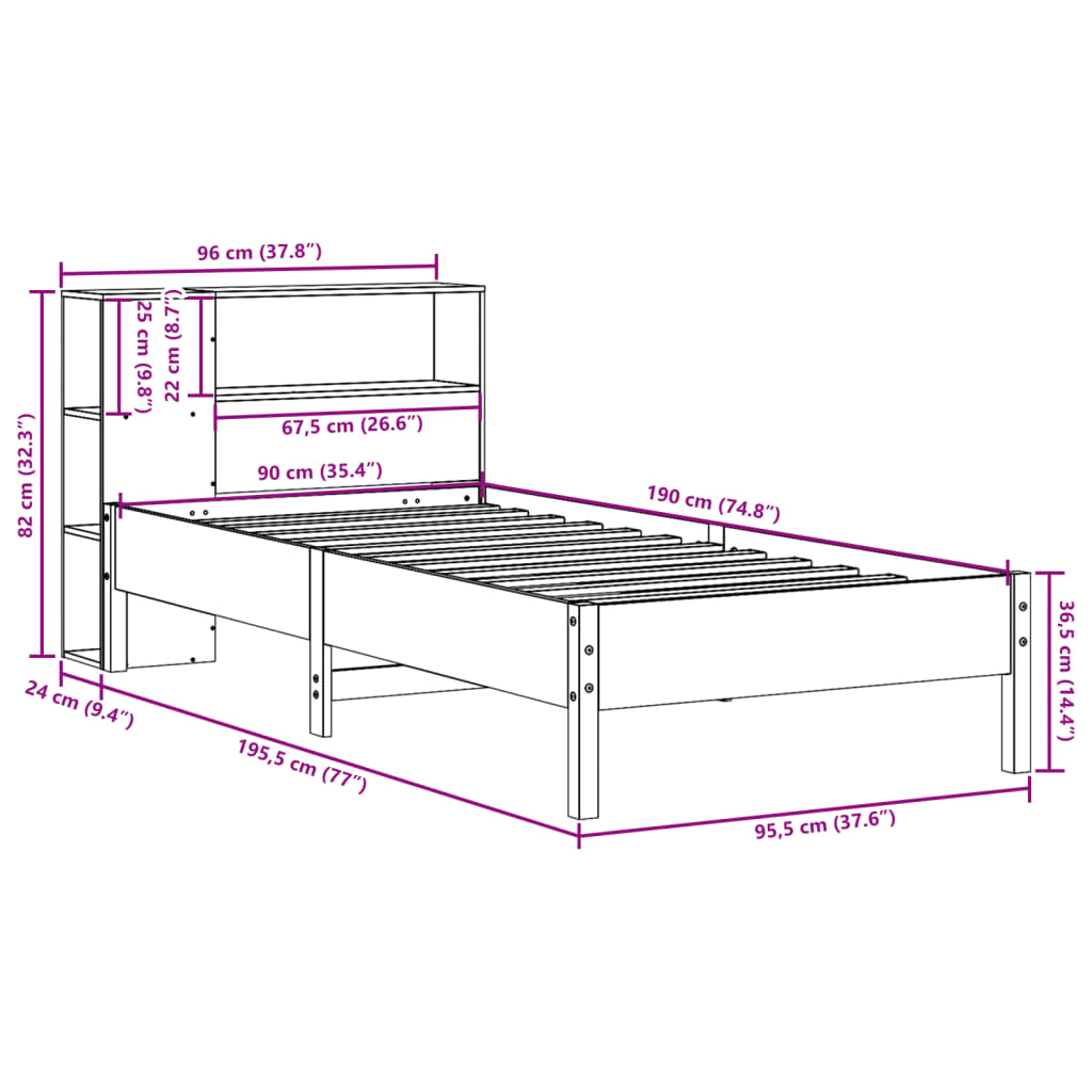 Massivholzbett mit Regal ohne Matratze Wachsbraun 90x190 cm