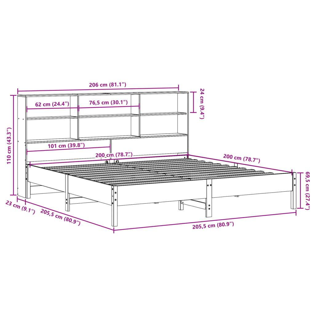 Massivholzbett mit Regal ohne Matratze Wachsbraun 200x200 cm