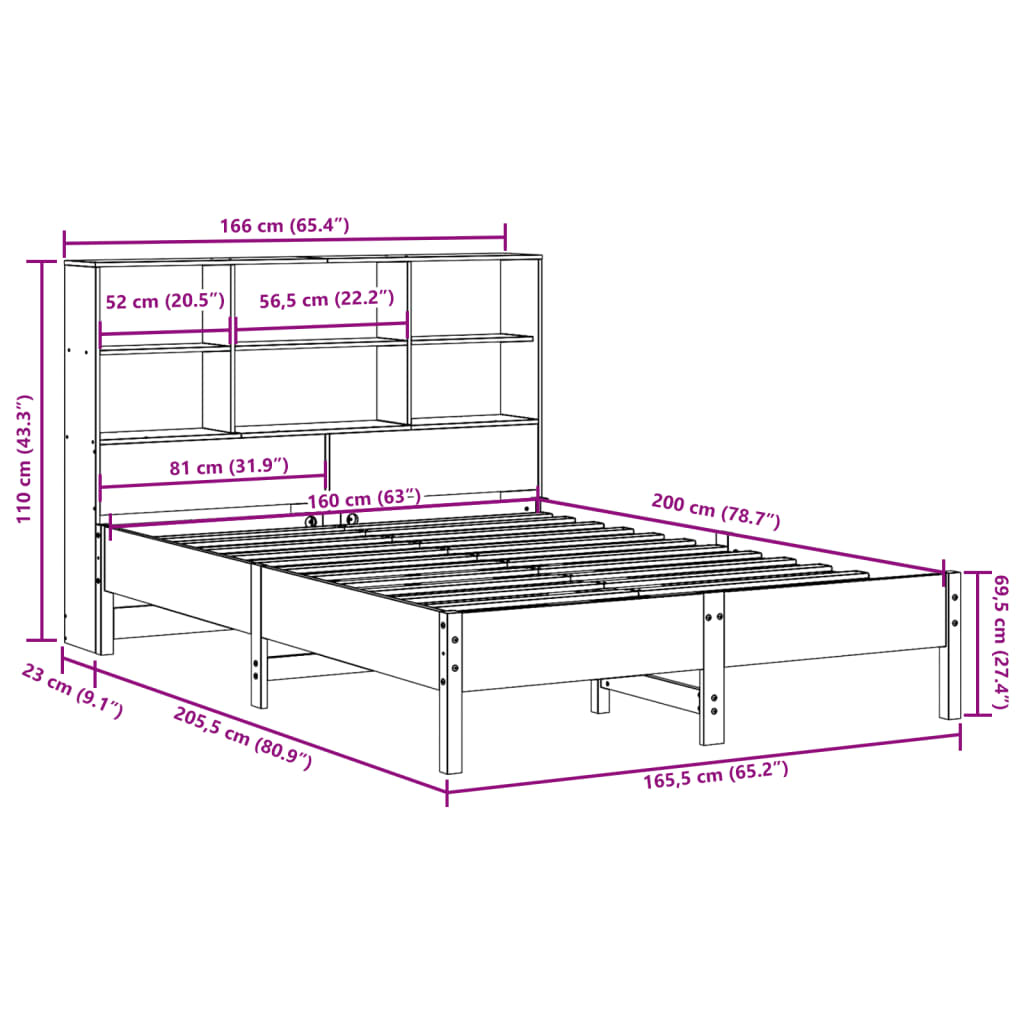 Massivholzbett mit Regal ohne Matratze Wachsbraun 160x200 cm