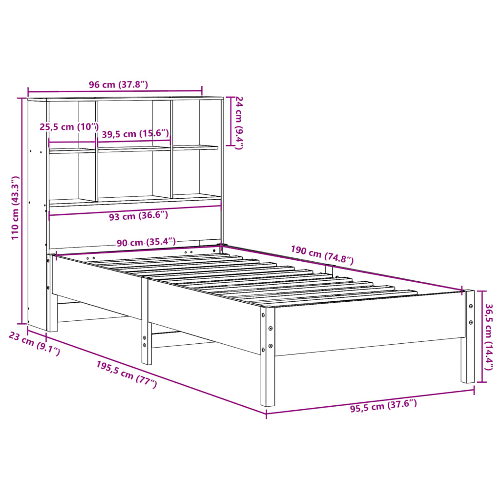 Massivholzbett mit Regal ohne Matratze Wachsbraun 90x190 cm