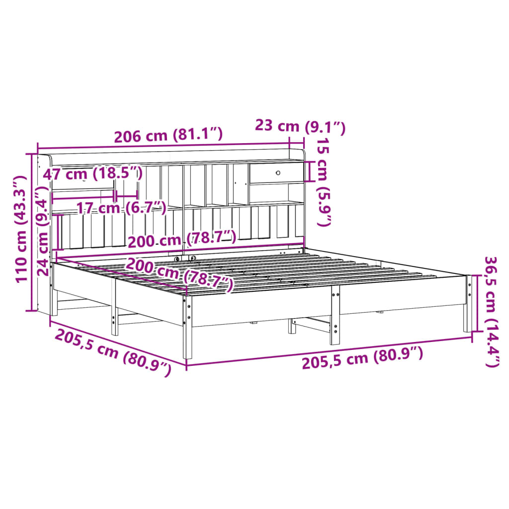 Massivholzbett mit Regal ohne Matratze 200x200 cm Kiefer