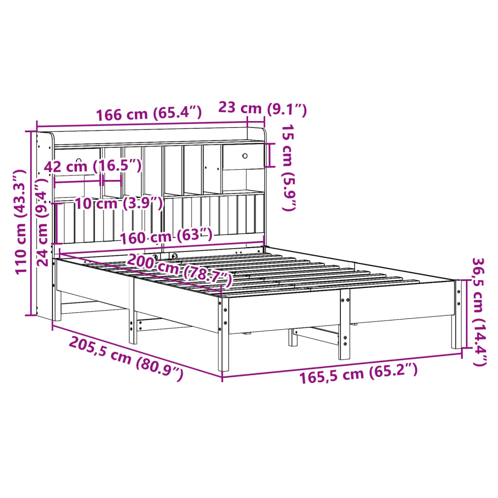 Massivholzbett mit Regal ohne Matratze Wachsbraun 160x200 cm