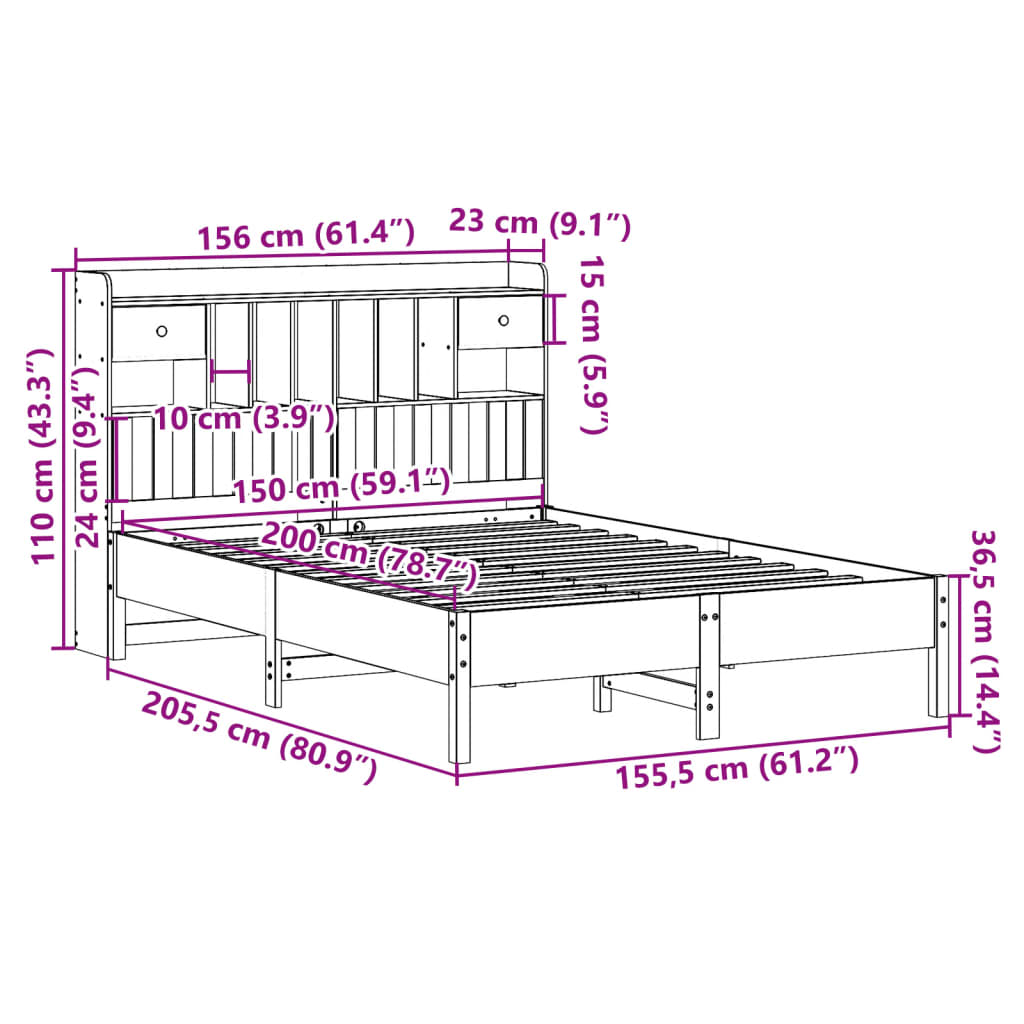 Massivholzbett mit Regal ohne Matratze Wachsbraun 150x200 cm