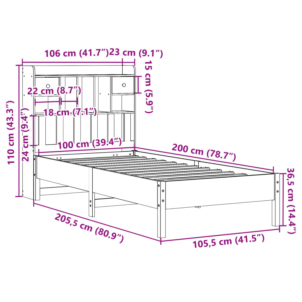 Massivholzbett mit Regal ohne Matratze Wachsbraun 100x200 cm