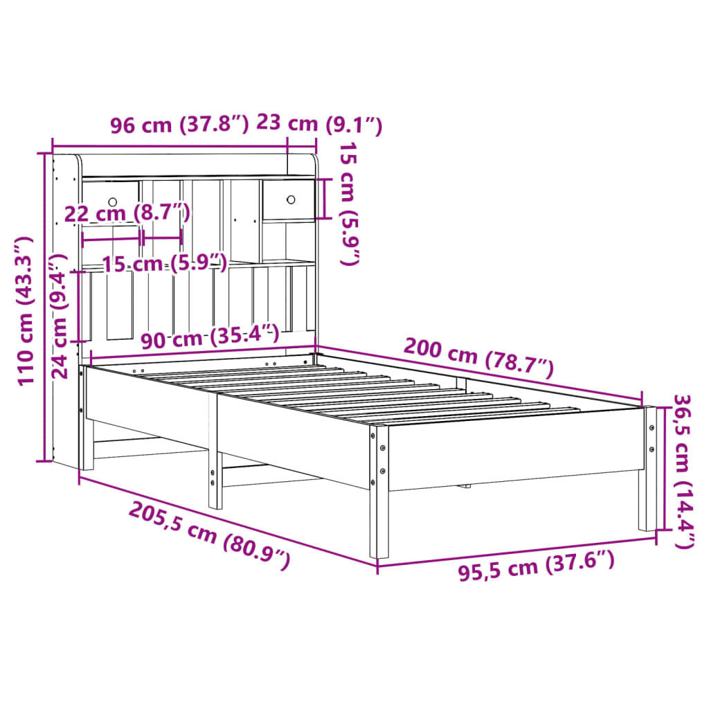 Massivholzbett mit Regal ohne Matratze 90x200 cm Kiefer