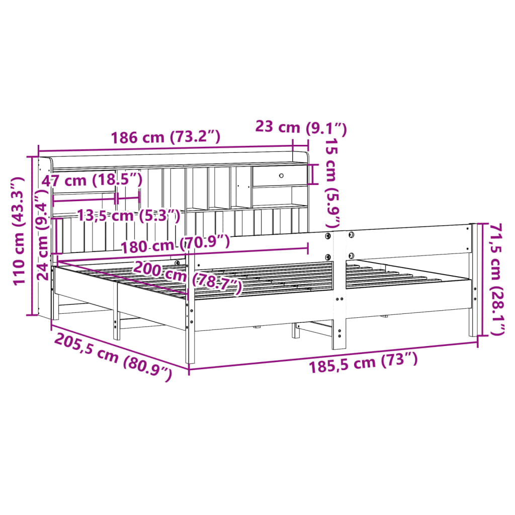 Massivholzbett mit Regal ohne Matratze Wachsbraun 180x200 cm