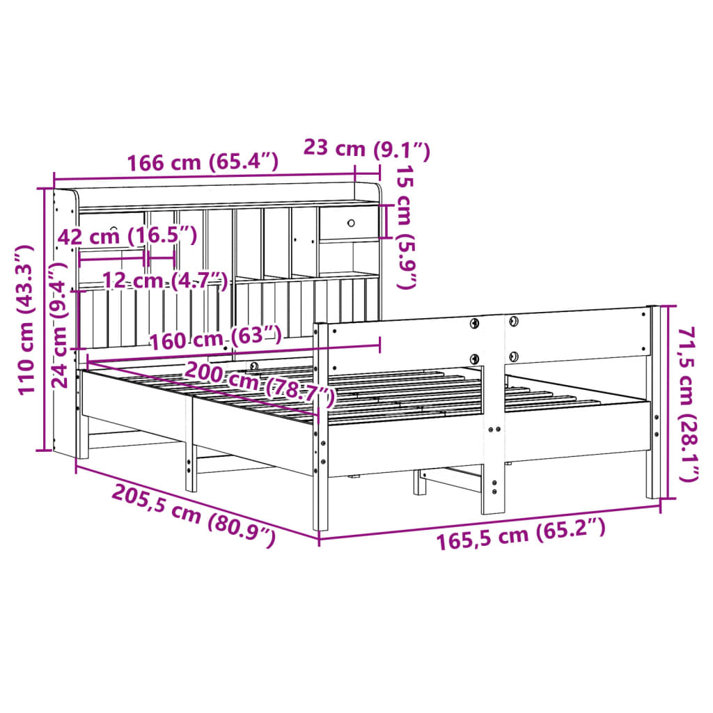 Massivholzbett mit Regal ohne Matratze Wachsbraun 160x200 cm