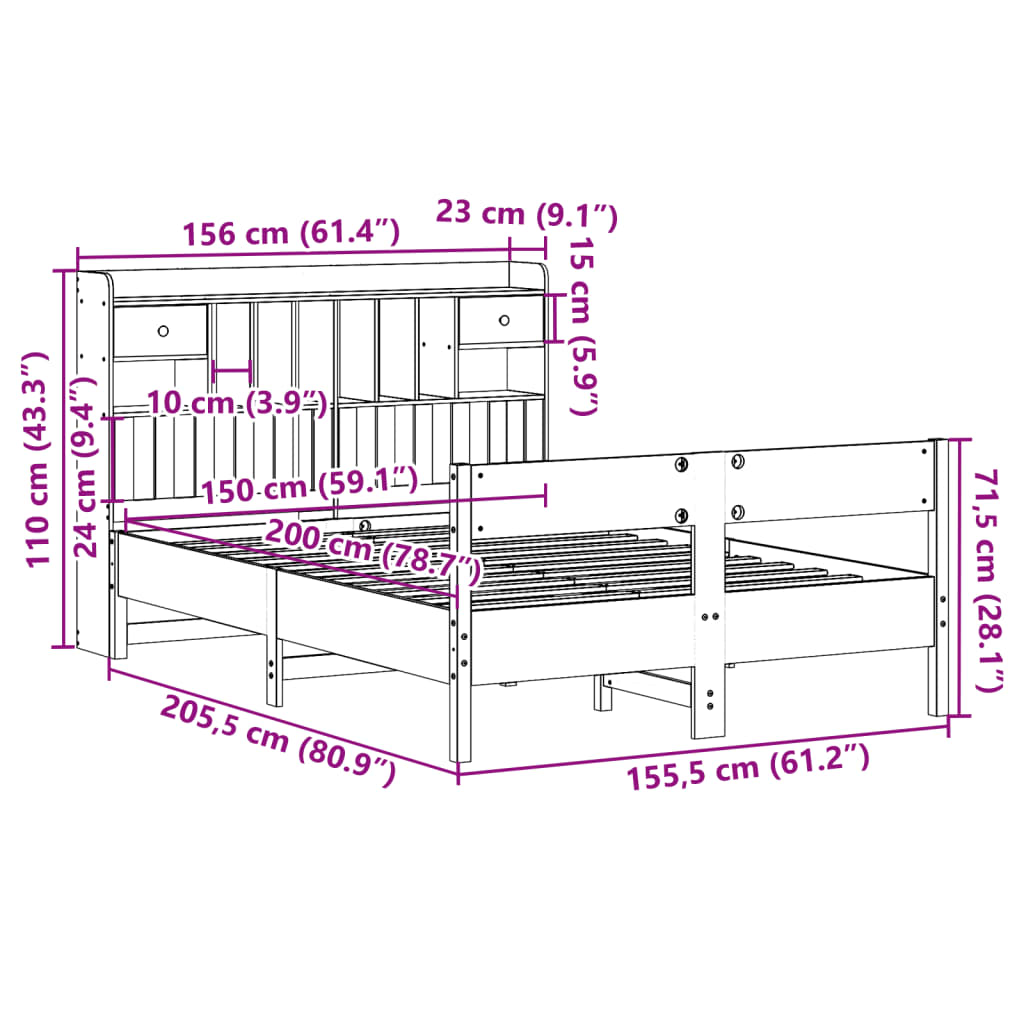 Massivholzbett mit Regal ohne Matratze 150x200 cm Kiefer