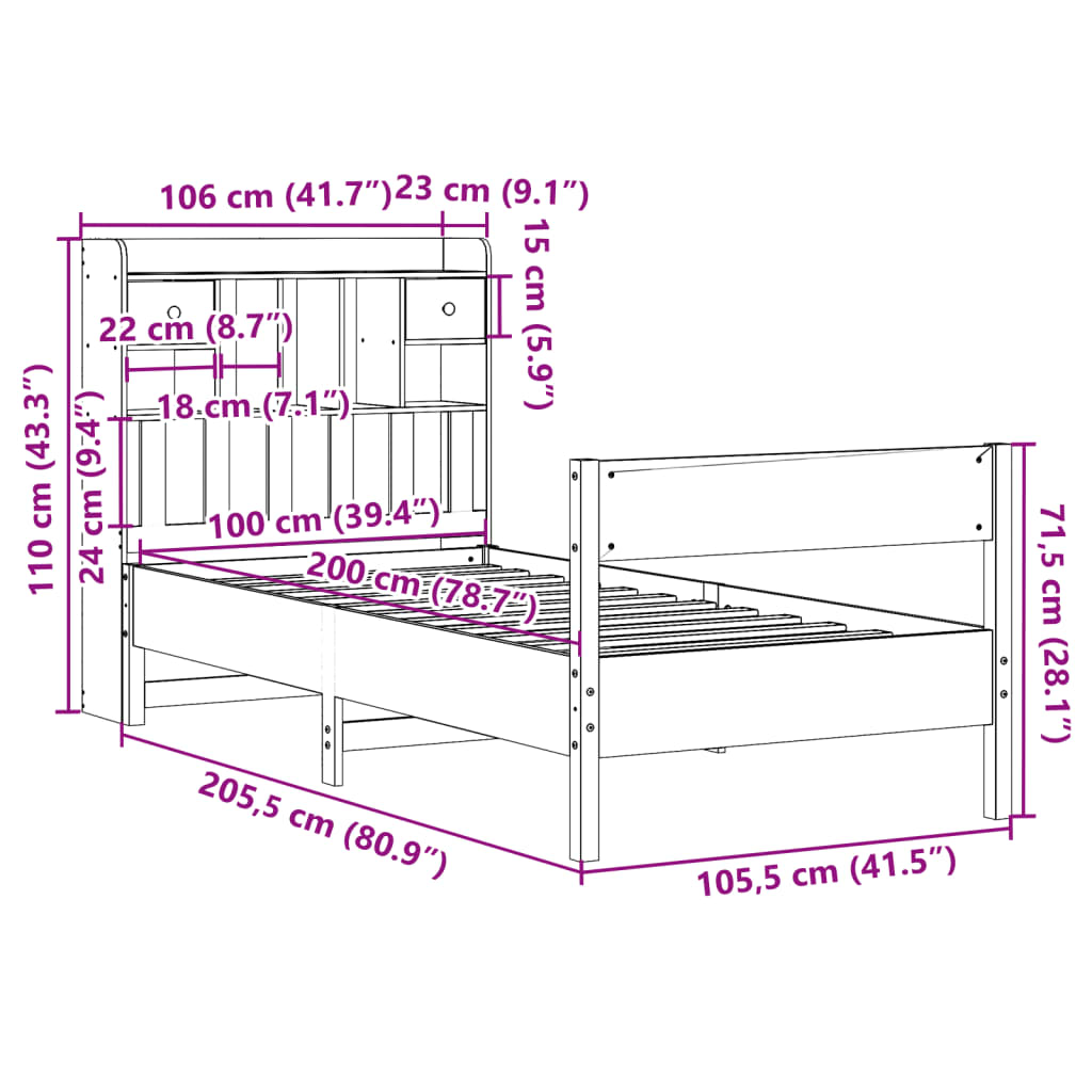 Massivholzbett mit Regal ohne Matratze Wachsbraun 100x200 cm