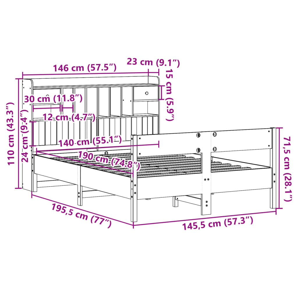 Massivholzbett mit Regal ohne Matratze Wachsbraun 140x190 cm