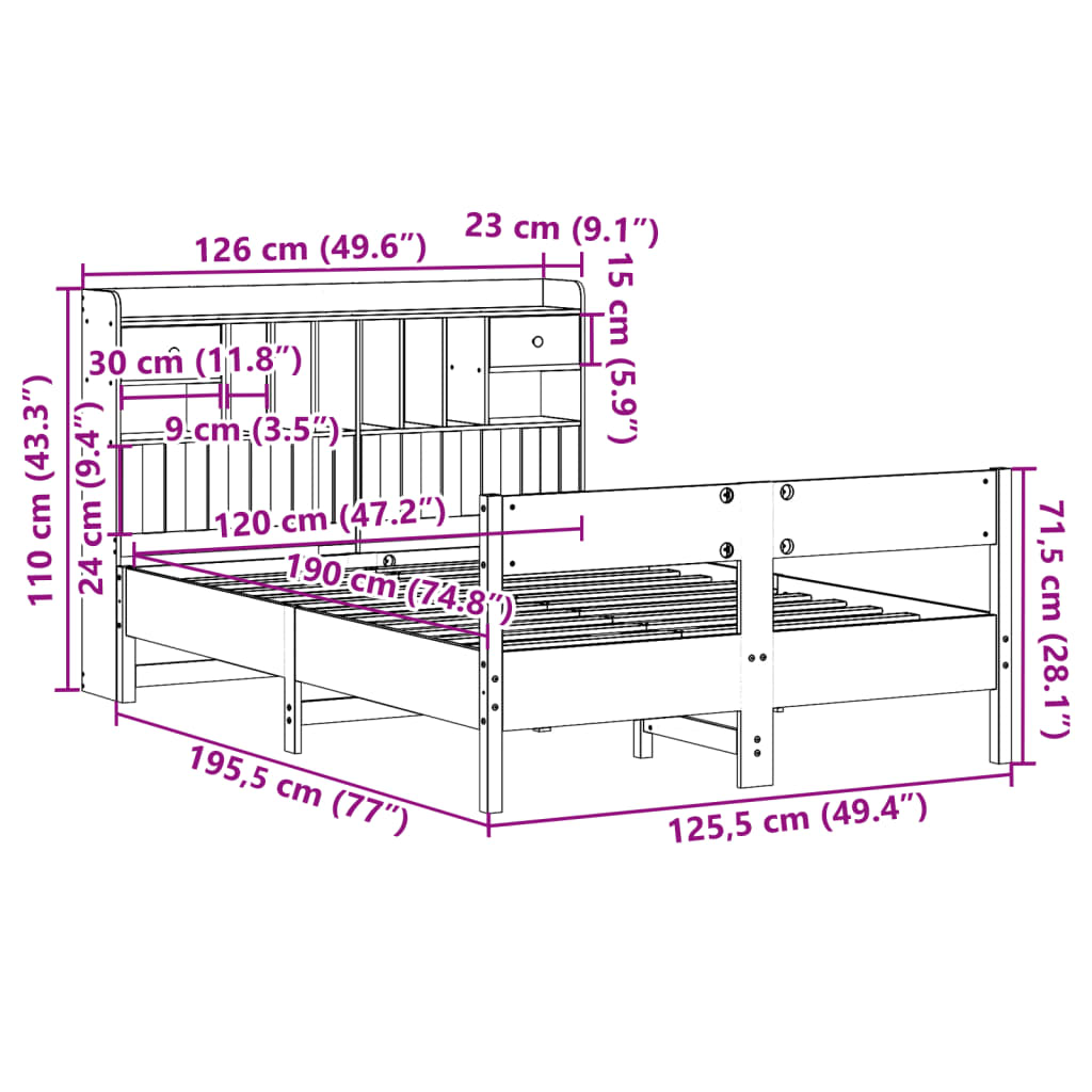 Massivholzbett mit Regal ohne Matratze Wachsbraun 120x190 cm