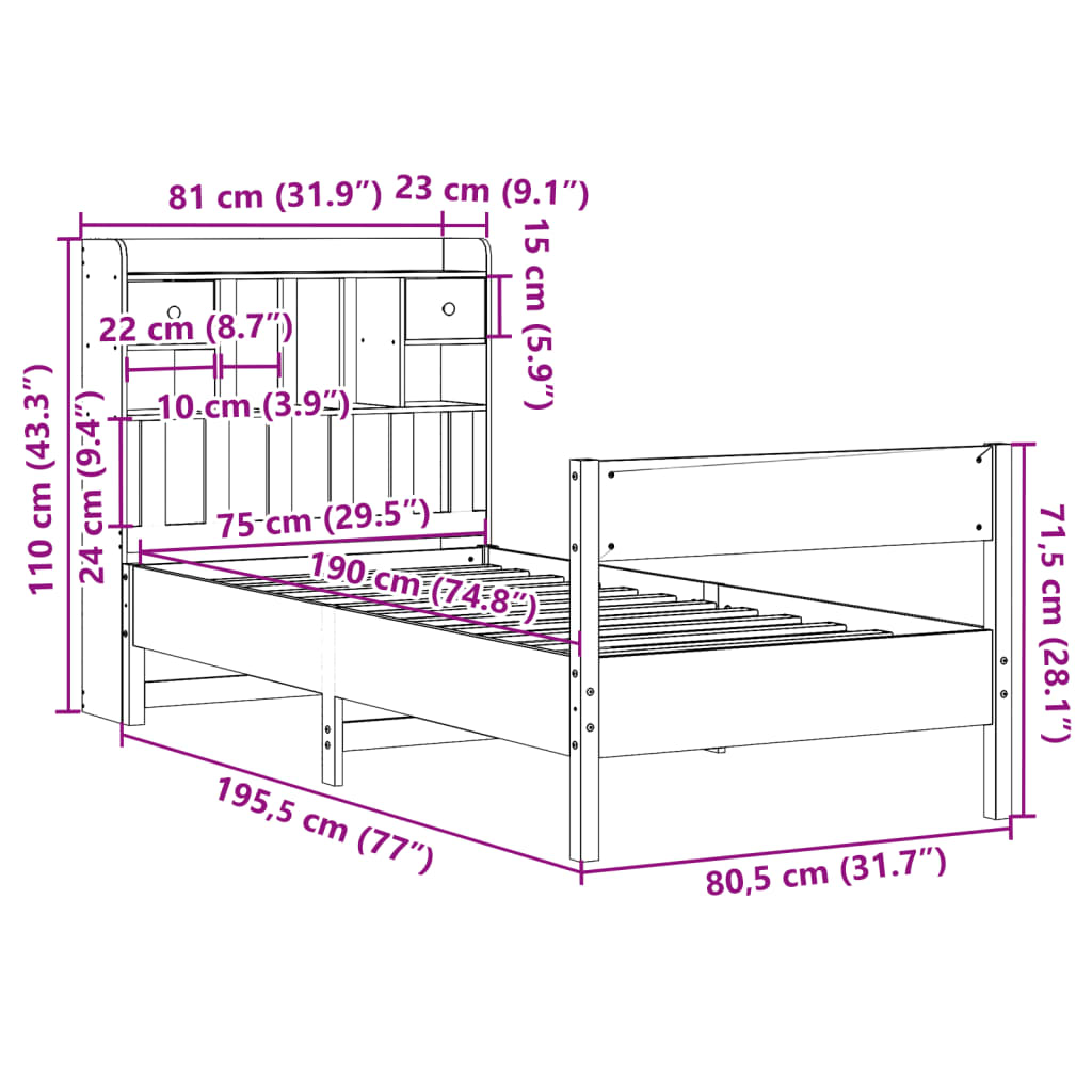 Massivholzbett mit Regal ohne Matratze Wachsbraun 75x190 cm