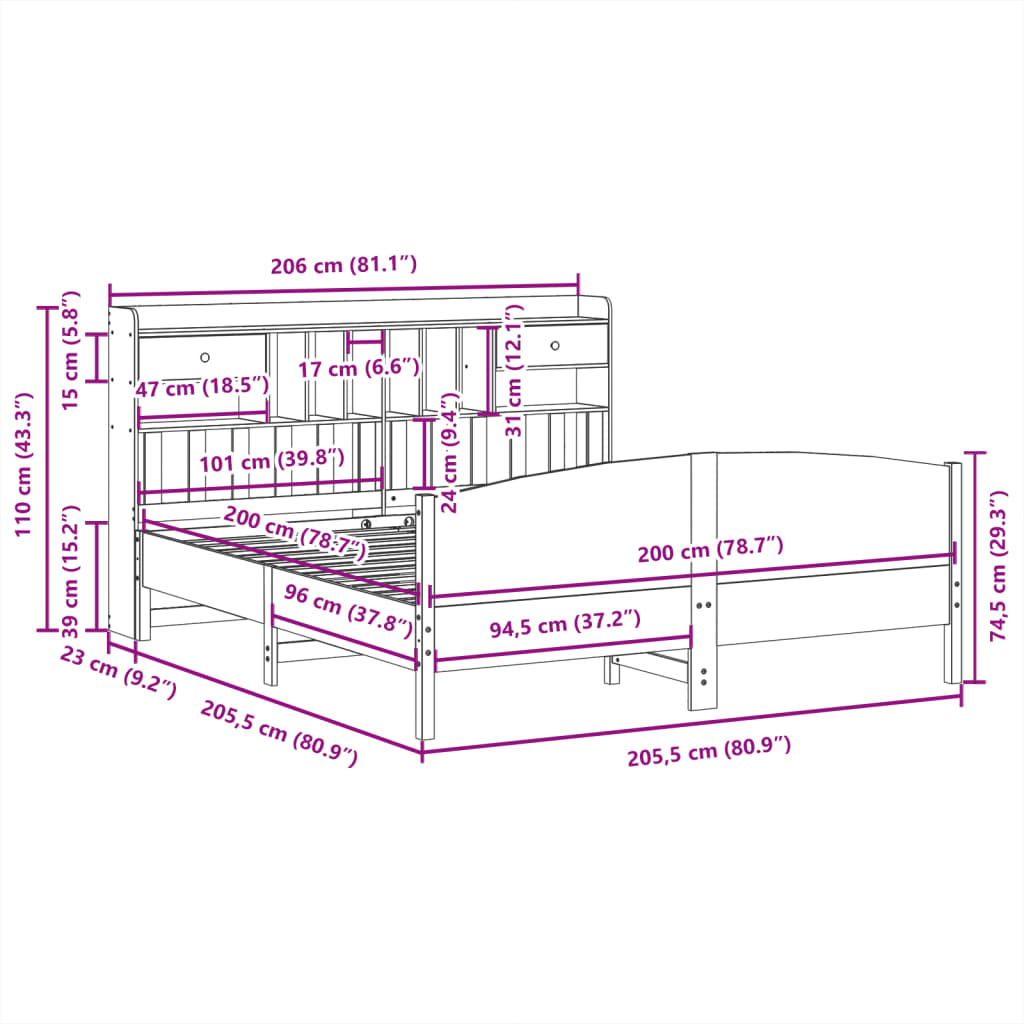 Massivholzbett mit Regal ohne Matratze Wachsbraun 200x200 cm