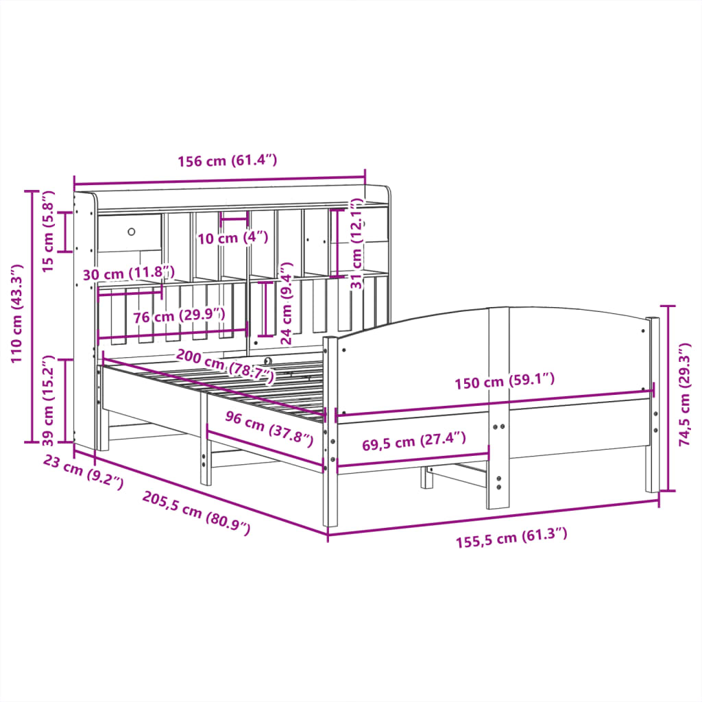 Massivholzbett mit Regal ohne Matratze Wachsbraun 150x200 cm