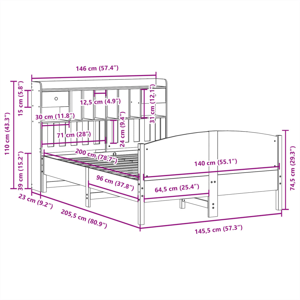 Massivholzbett mit Regal ohne Matratze Wachsbraun 140x200 cm