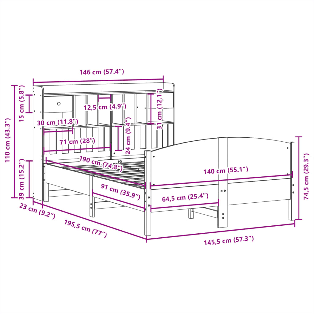 Massivholzbett mit Regal ohne Matratze Wachsbraun 140x190 cm