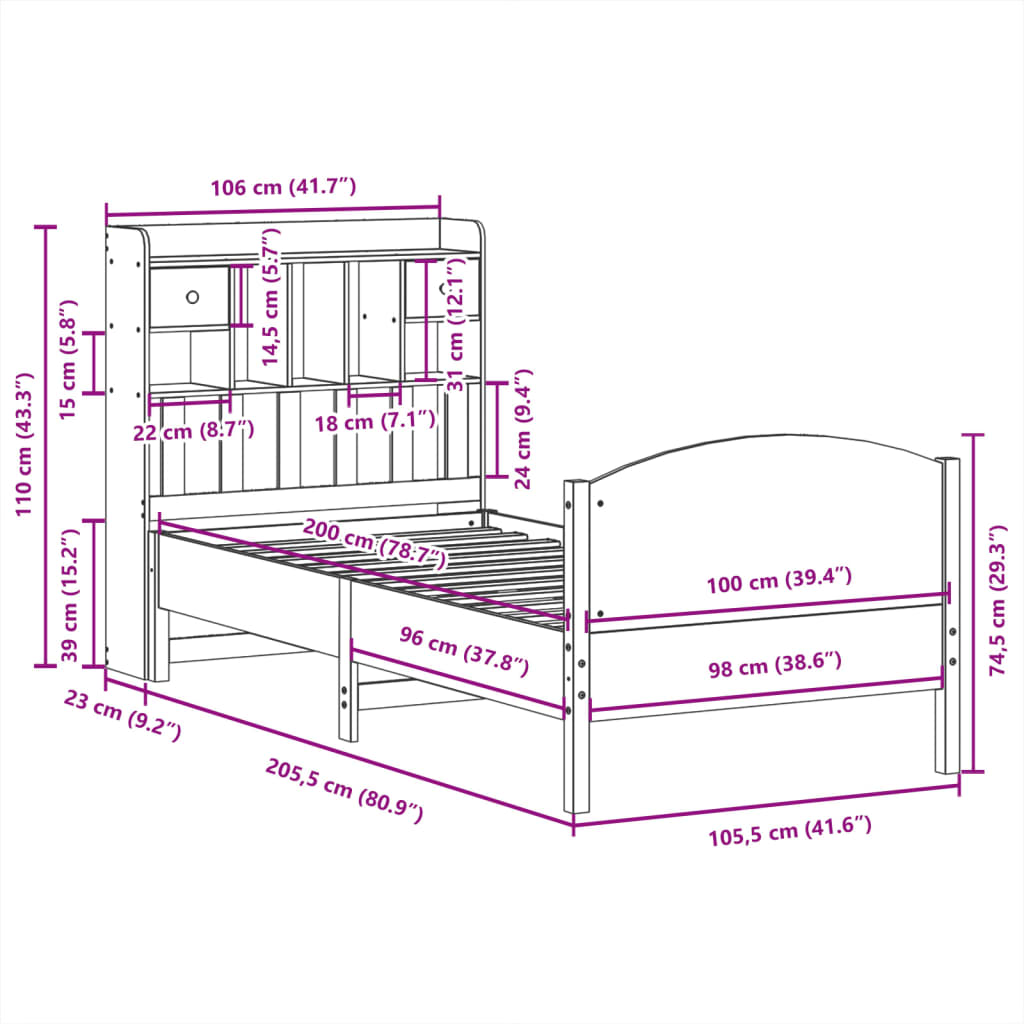 Massivholzbett mit Regal ohne Matratze Wachsbraun 100x200 cm